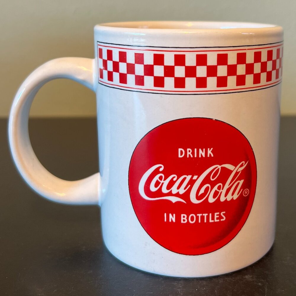 Vintage DRINK COCA-COLA IN BOTTLES Logo White Red Checkered Mug -~ Advertising